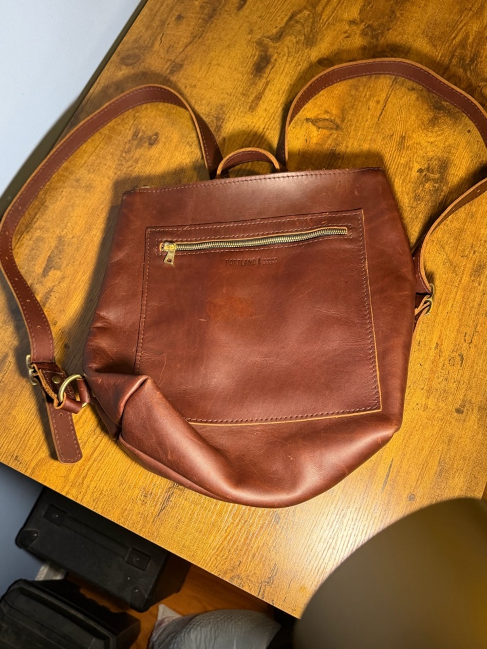 Portland Leather Cognac Backpack with Gold Zipper